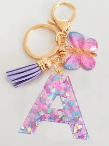 New Cute Initial Keychain with Resin Glitter Flower Tassel, 26 Letter Pendants, Capital Letters, Bag Charm Gift for Women Girls Students, Floral Pattern Keychain, Trendy Cute Keychain