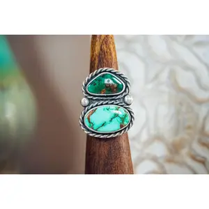 Handmade Sterling Silver Royston Turquoise Ring | Adjustable Double Stone Statement Ring
