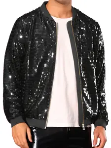 INSPIRE CHIC Black Sequin Varsity Jackets for Men's Zipper Festival Disco Sparkly Shiny Baseball Bomber Jacket