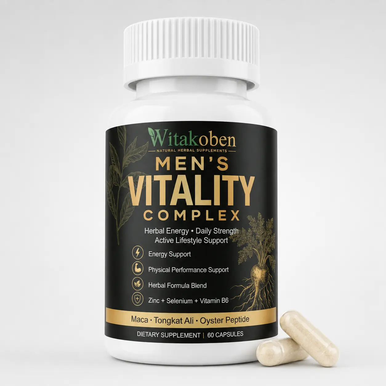 Men’s Vitality Complex Capsules, Maca Root, Tongkat Ali & Oyster Peptide Blend with Zinc, Selenium & Vitamin B6, Daily Energy and Active Lifestyle Support, 60 Count