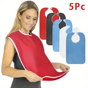 Terry 5pcs Reusable Clothing Protectors Adult Bibs for Seniors, Stain Resistant Diet Cloth, Apron for Eating, Adult Specific Neck Care Bib Red