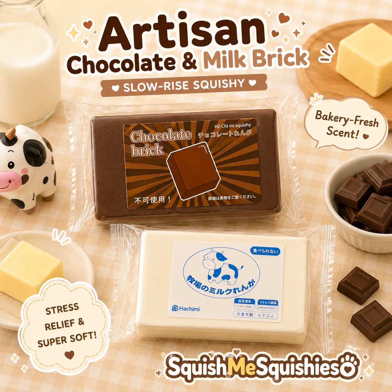 Artisan Chocolate & Milk Brick Slow-Rise Squishy Sensory Toy Stress Relief Minimalist Design Bakery-Fresh Scent adult fidget Play Food Squishies