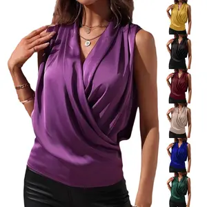 Women's Satin Tank Tops Solid Color Sleeveless Wrap V Neck Pleated Summer Shirts
