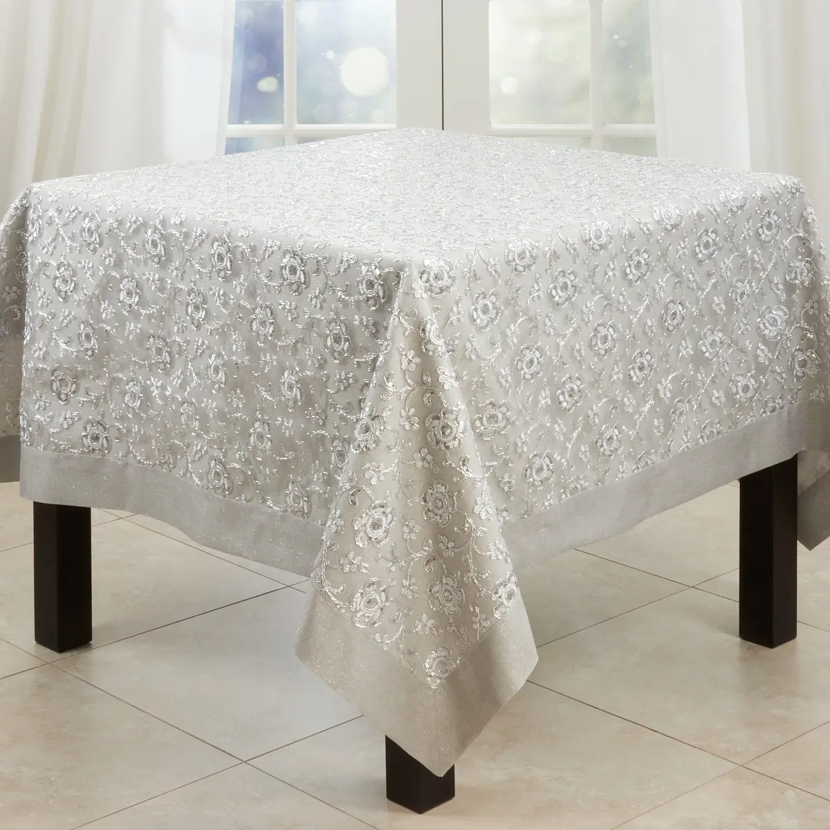 Saro Lifestyle 4019.S65S 65 in. Floral Embroidered Tablecloth, Silver Stripe