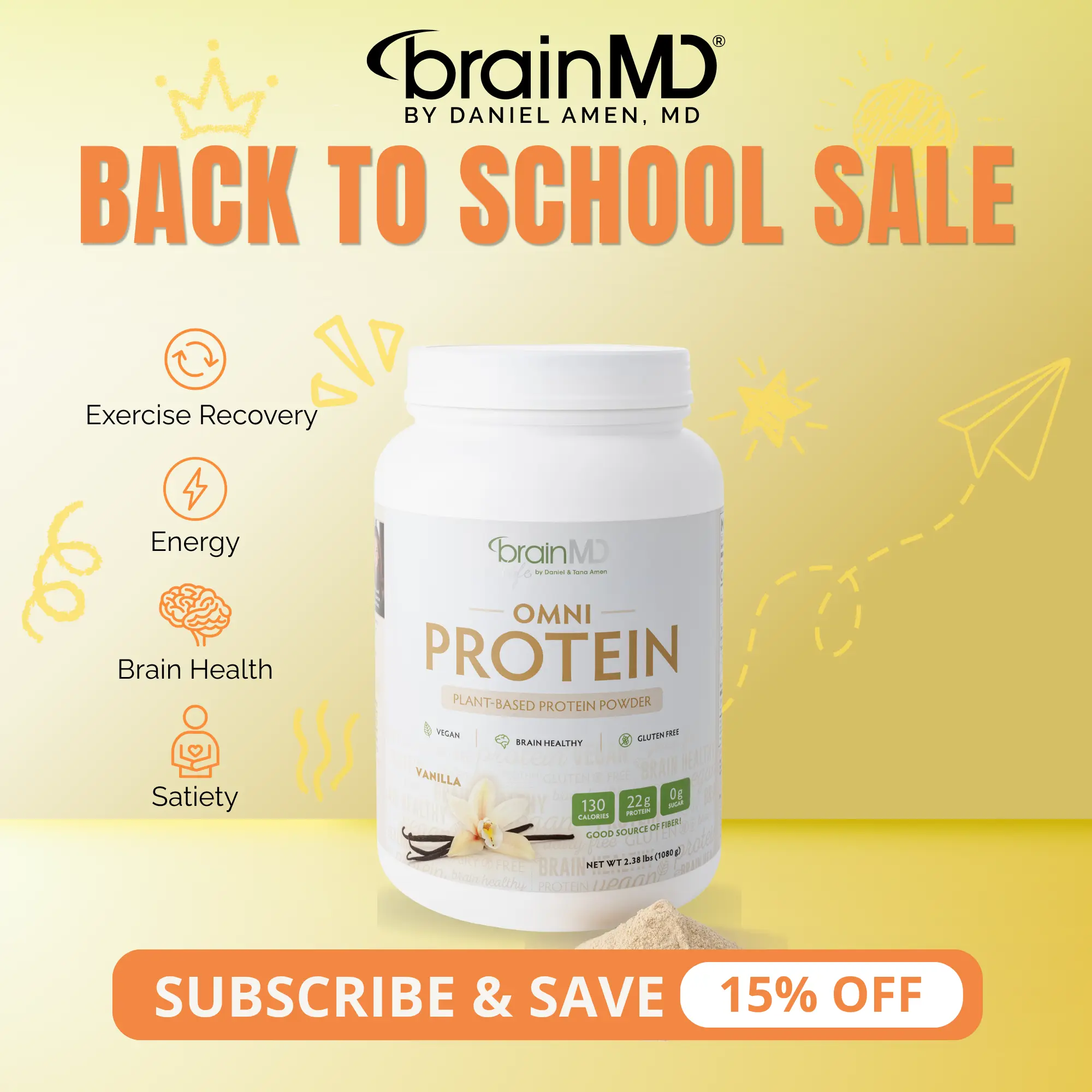 OMNI Protein Powder | BrainMD | 30 Servings | Muscle Recovery & Energy Support | Brain Focus, Satiety & Gut Health Support | Pea, Rice, Quinoa & Chia Protein