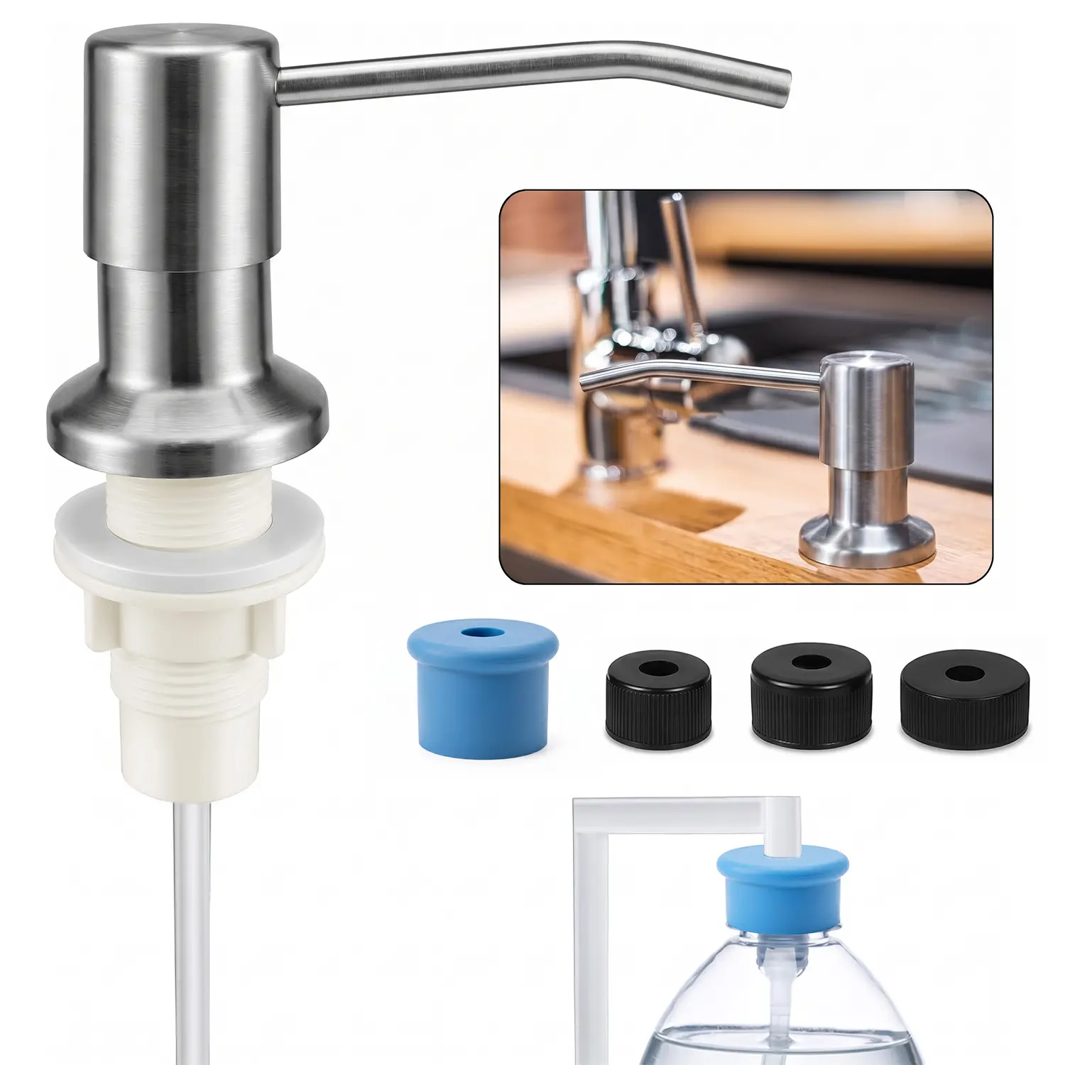 Soap Dispenser for Kitchen Sink, Stainless Steel Built in Sink Soap Dispenser Pump Head with 1.2m/4ft Silicone Water Pipe & 3 Caps for Soap Container, Kitchen Sink Accessories Bar Wash Tools