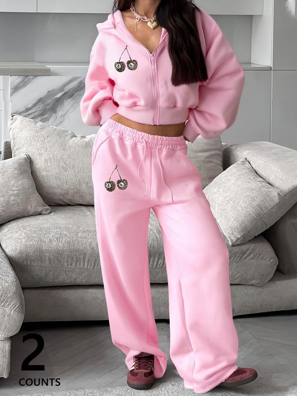 Women's Pink Autumn and Winter Short Sweatshirt and Loose Straight Pants Set, Casual and Fashionable Hooded Long-sleeved Sweatshirt and Sweatpants, Suitable for Daily Outdoor Wear, Comfortable Daily Wear
