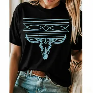 Women's Western Style Turquoise Boot Stitch Cowgirl Shirt Casual Dressy T Shirts Workout Clothes 100% Cotton, Breathable And Comfortable Womenswear Tops Black Crewneck