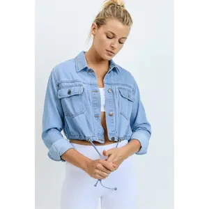 Cropped Light Blue Denim Drawstring Jacket 100% Cotton Activewear Casual