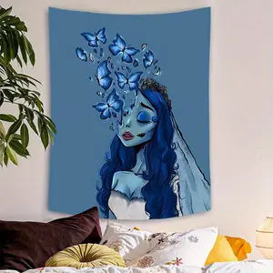 Blue Butterfly Bride Tapestry - Polyester Wall Hanging Art Decor, Suitable for Bedroom, Living Room, Home Office - Easy to Install, 198.12x149.86cm, Includes Free Installation Tool Kit