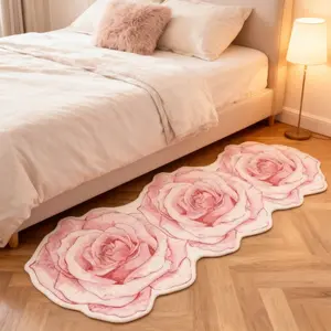 1pc French Style Bedroom Decoration Bay Window Rug Romantic Ins Style Bedside Fluffy Soft Pink Floral Living Room Plush Carpet Floral Area Rug Irregular Shape Household Washable Non-slip Floor Mat Floral Shaped Rug Flower Pattern Rugs Decorative Rug
