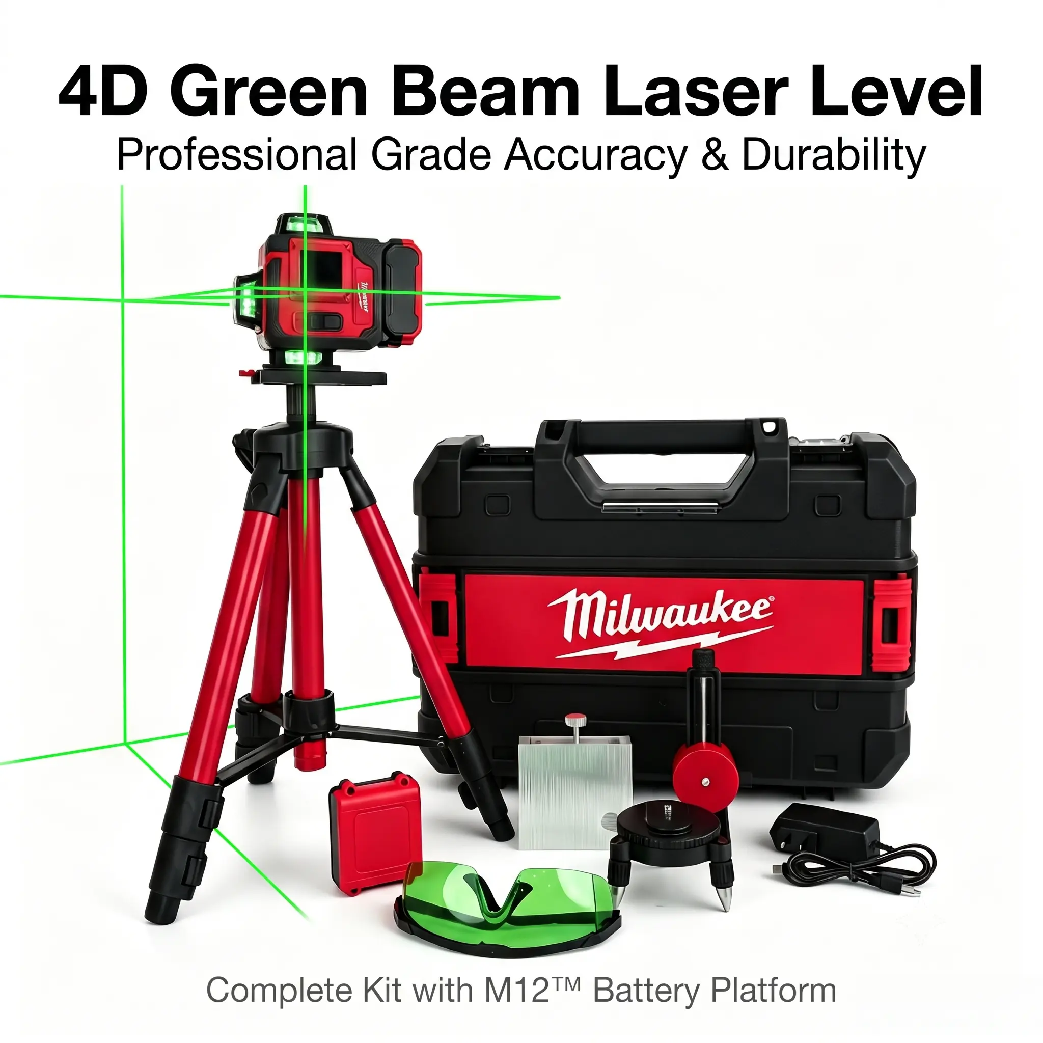 Milwaukee M12 Cordless Self-Leveling Cross Line Tool - 12/16 Lines, ±4° Automatic Adjustment, High Accuracy, 2.0Ah, 10 Hours Runtime, Multipurpose Laser Level for Professional Construction & Remodeling