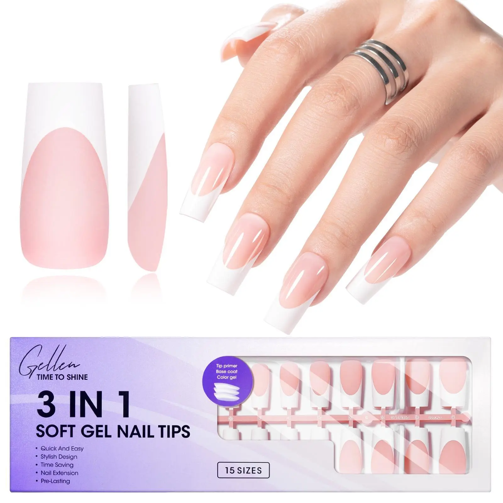 Gellen Opaque Soft Gel Fake Nails Set - Classic Milky Long Square, 15 Sizes, 150pcs, Salon-Quality Soft Gel Falsenail, Quick Apply, No Glue Included, Thin Back Edge, Original, Party, Unisex, Easy Nail Art, Nail Extension