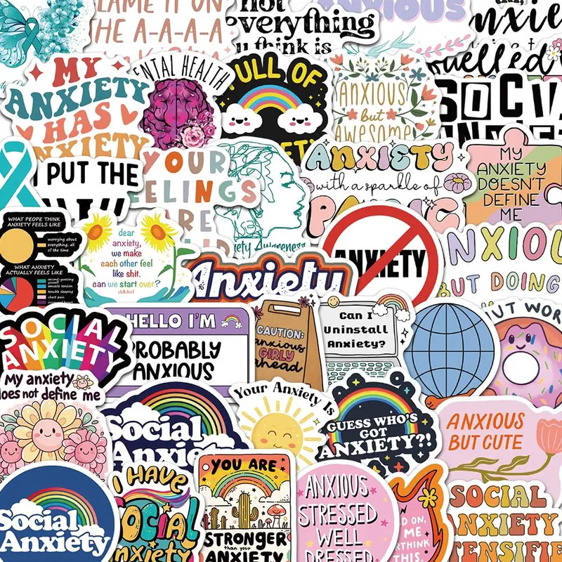 Anxiety Sensory Sticker, 50pcs/set Creative Anxiety English Decorative Sticker, DIY Decals for Water Bottle, Laptop, Phone Case, Scrapbooking, Journal, Accessories