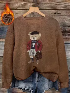 Women's Fall Winter Cartoon Bear Sweater, Fitted Round Neck Pullover, Casual Street Style, Vintage Baseball Design, Warm Knit Top, Casual Streetwear Top