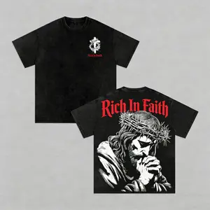 Rich In Faith - Jesus Pray T-Shirt Washed T-shirt Washed, Bible Verse Hoodie, Sweatshirts, Jesus Hoodie, Church Outfit Unisex Oversized Graphic Tee For Men and Women Aesthetic Clothes dark design  👕 vintage style top