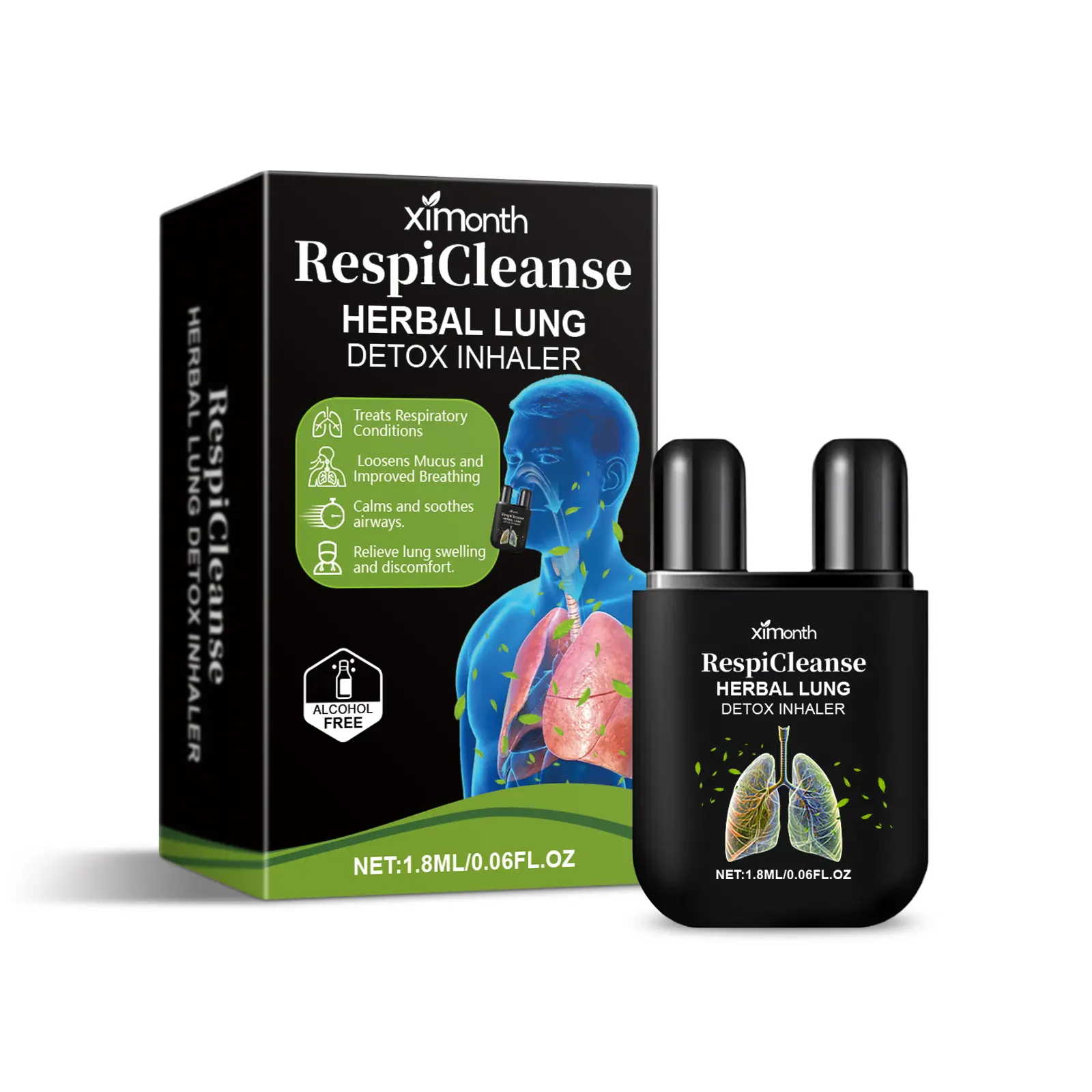 Ximonth RespiCleanse Herbal Lung Detox Inhaler Menthol & Eucalyptus Extract for Relief Discomfort & Easy Breathing Daily Nasal Spray Healthcare Therapy Therapeutic Treatment - Fitness