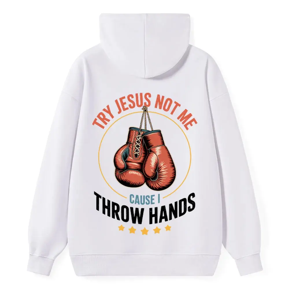 Street Faith Graphic Hoodie Retro Boxer Gloves Try Jesus Not Me Quote Oversized Pullover Hoodie Funny Christian Boxing Style Hoodie Try Jesus Not Me Throw Hands Casual Long Sleeve Hoodie