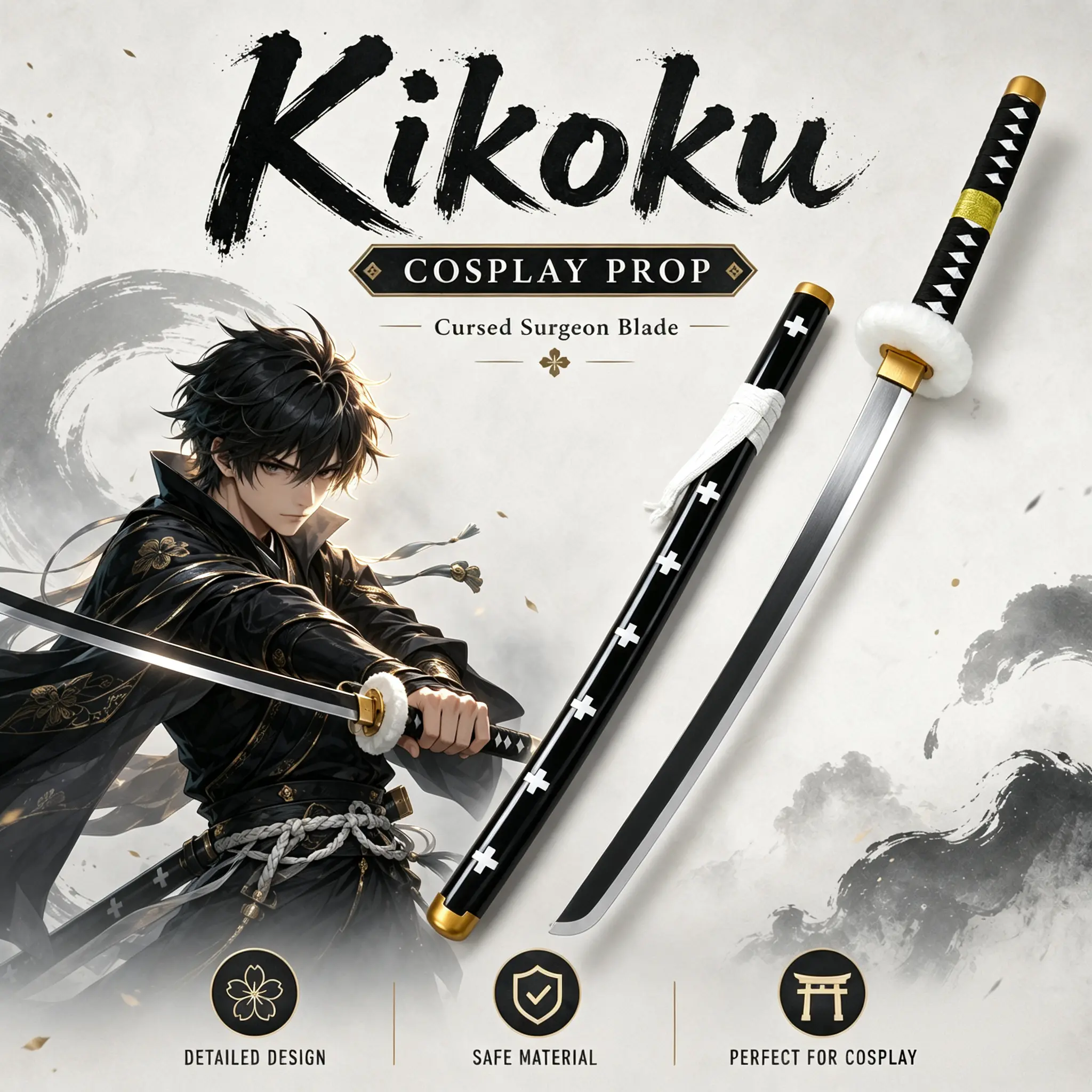 Trafalgar Law One Piece Kikoku Cosplay Accessory Set, Black Decor Body With White Cross Print, Long Ornament For Comic Con Cos Shooting, Household Desktop Display & Anime Fan Collection, Wood, Convention Costumes