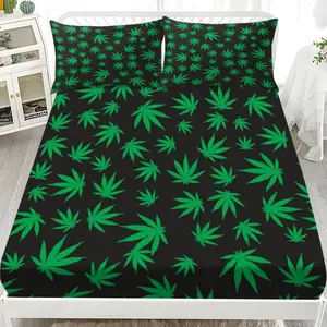 Dreamy Leaf Print Digital Printed Polyester Elastic Bed Sheet Set, Includes One Mattress Cover & Two Pillowcases No Pillows Included