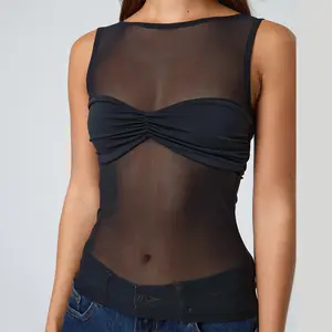 Women's Sheer Mesh Tank Tops Sleeveless Round Neck Solid ColorFit Ruched Vest