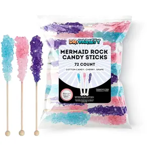 Mermaid Rock Candy Sticks – Cherry, Cotton Candy & Grape Flavored Dragon Breath Candy, 72 Pack Bulk Individually Wrapped Edible Crystal Sticks for Mermaid-Themed Parties, Favors & Cake Decorations – By Dr. Variety