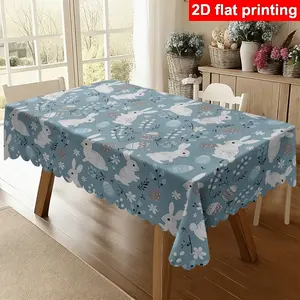 Easter Light Blue Base Fresh Style Tablecloth Full of soft white rabbits, textured eggs and small flower branches Made of washable fabric With wave lace edge Fits home dining tables Ideal for holiday decoration and daily dining