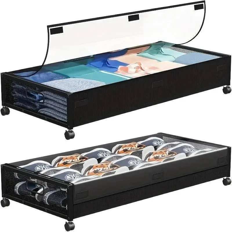 Clothing Storage Organizer Set - 2-Piece Rectangular Under Bed Bins with Rolling Wheels, Dustproof Lids, Drawers, Bedroom Decor Home Organization Solutions