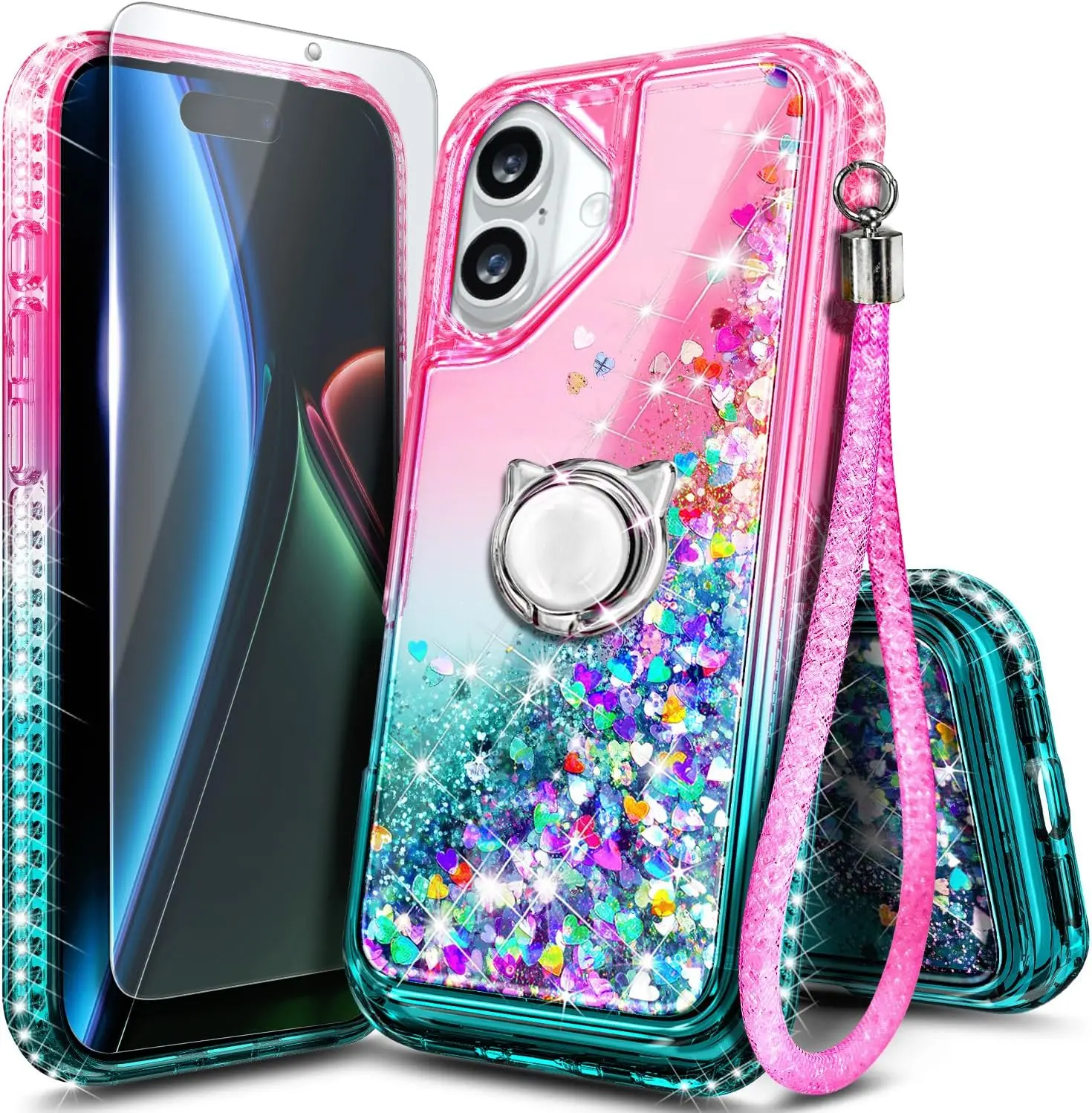 NGB iPhone Case | Glitter Liquid Sparkle Cute Phone Cover for Women Girls Kids | with Tempered Glass Screen Protector & Ring Holder & Wrist Strap Lanyard