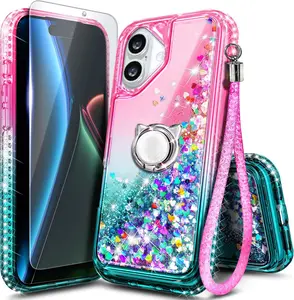 NGB iPhone Case | Glitter Liquid Sparkle Cute Phone Cover for Women Girls Kids | with Tempered Glass Screen Protector & Ring Holder & Wrist Strap Lanyard