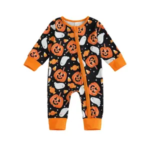 Newborn Baby Girl Boy Halloween Outfit Long Sleeve Pumpkin Ghost Print Pajamas Romper Zipper Bodysuit Jumpsuit Fall Clothes