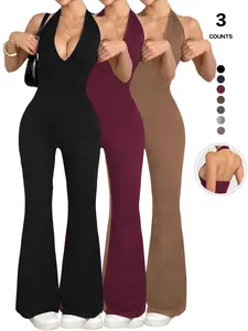 Women's Halter Neck Jumpsuit, Sleeveless Deep V Backless Design, Flare Leg Romper for Casual Wear
