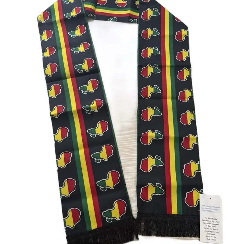 African sashReggae Rasta Map Print Scarf with Fringe Red Yellow Green Stripes for Stylish Accessory
