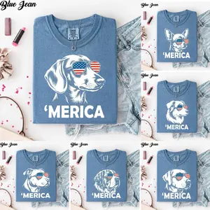 [50+ DOG BREEDS] Merica Dog T-Shirt, Patriotic Dog Graphic Tee With American Flag Shades, Funny USA Pup Shirt, Fourth Of July Pet Lover Gift, Comfort Colors Style Unisex Casual Tee, 4th Of July Gift - By Thanya LLC