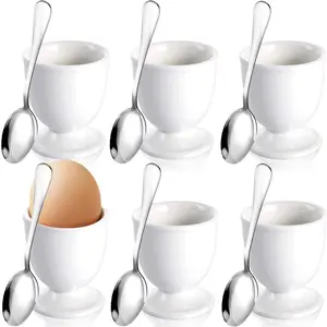 Egg Holder for Boiled Eggs 6 Pack Porcelain Egg Cups with Spoons for Soft Hard Boiled Eggs Breakfast Dinner 3.5" White