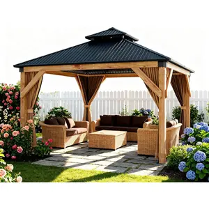 YJ-Garvee Hardtop Gazebo 10x12 ft Wooden Pergola with Sturdy Spruce Frame, Double Galvanized Steel Roof, Netting & Curtains, Weather-Resistant Outdoor Patio Pergola for Garden, Deck, Lawn, Parties