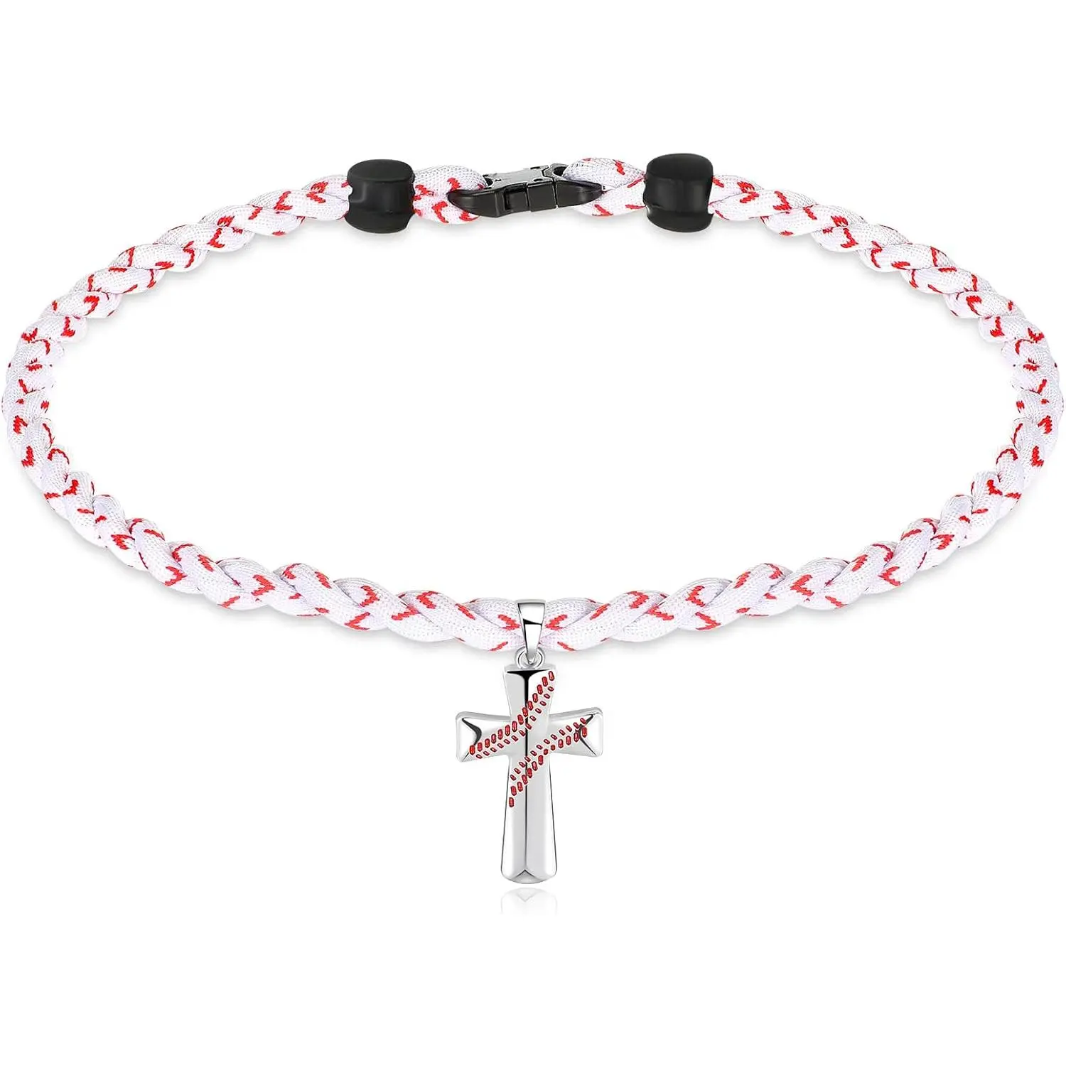 2 Rope Baseball Cross Necklace Boys Baseball Titanium Necklace Stainless Steel Cross Pendant Sports Braided Tornado Baseball Necklace Gifts for Men Kids, 20 Inches