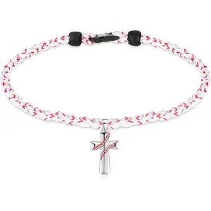 2 Rope Baseball Cross Necklace Boys Baseball Titanium Necklace Stainless Steel Cross Pendant Sports Braided Tornado Baseball Necklace Gifts for Men Kids, 20 Inches