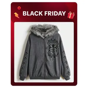 Women’s zip-up hoodie with rhinestone pattern and faux fur long-sleeve sweatshirt jacket with pockets GARMENTARY