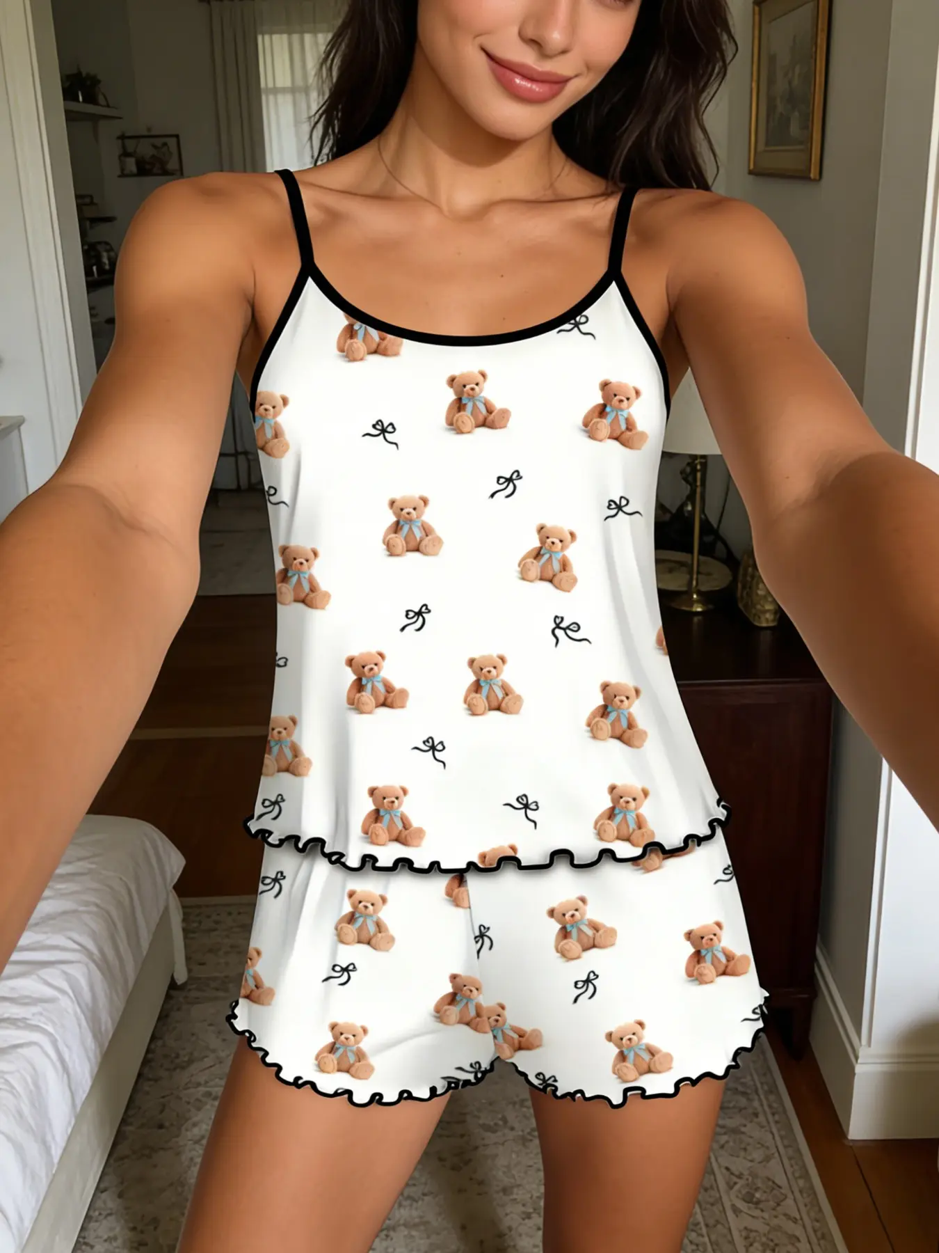 Women's Pajama Set, Sleeveless Spaghetti Strap Cute Sexy Slim-Fit Style, All-Over Bear Bow Print, Cozy Home Wear Loungewear, Two-Piece Nightwear for All Seasons