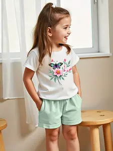 Girls Floral Butterfly Print Short Sleeve T-Shirt + Shorts Set, Summer Casual for Ages 4-8, Fitted Regular Length, Clothes Kids