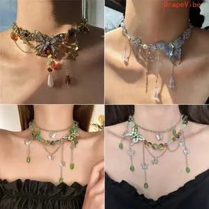 Women's Pastel Butterfly Crystal Tassel Daily Wear Necklace - Multi-Layer Long Design, Shiny Zircon-Inlaid, Elegant Fairy-Style Sports & Outdoor Fan Shop Gaming Jewelry