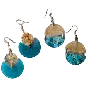 Set of 2 gold and teal resin dangle earrings beach girl day jewelry