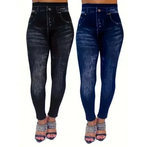 Four Season Wear, Women'S Two-piece Set Imitating Denim Digital Printing Leggings, Tight Pants, Not Denim, Shipped Within 9 Working Days