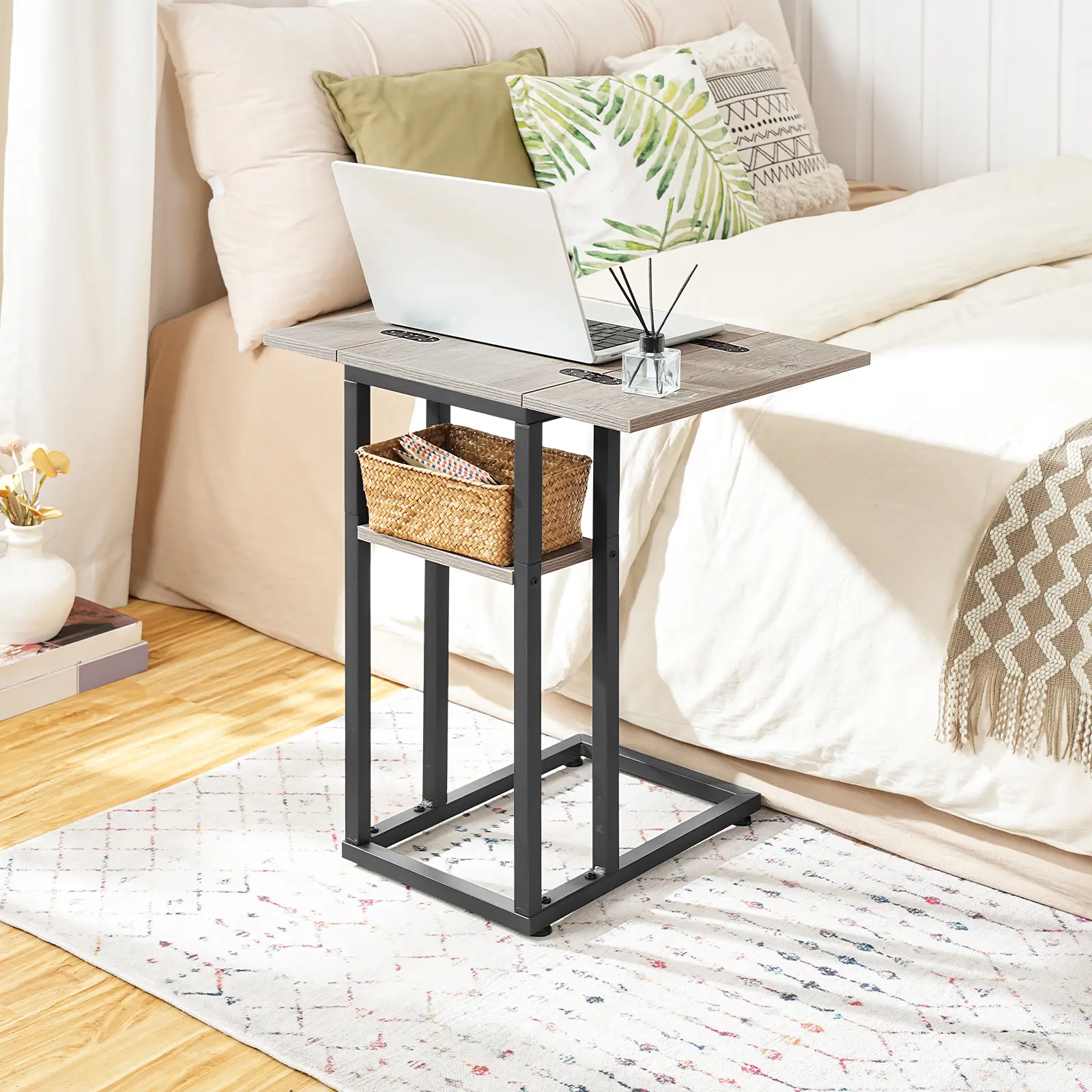 HOOBRO Foldable End Table, C Shaped Side Table with Storage Shelf, Small Snack Table Suitable for Living Room, Bedroom, Small Spaces, Easy Assembly, Grey and Black Stand Furniture Adjustable Feet