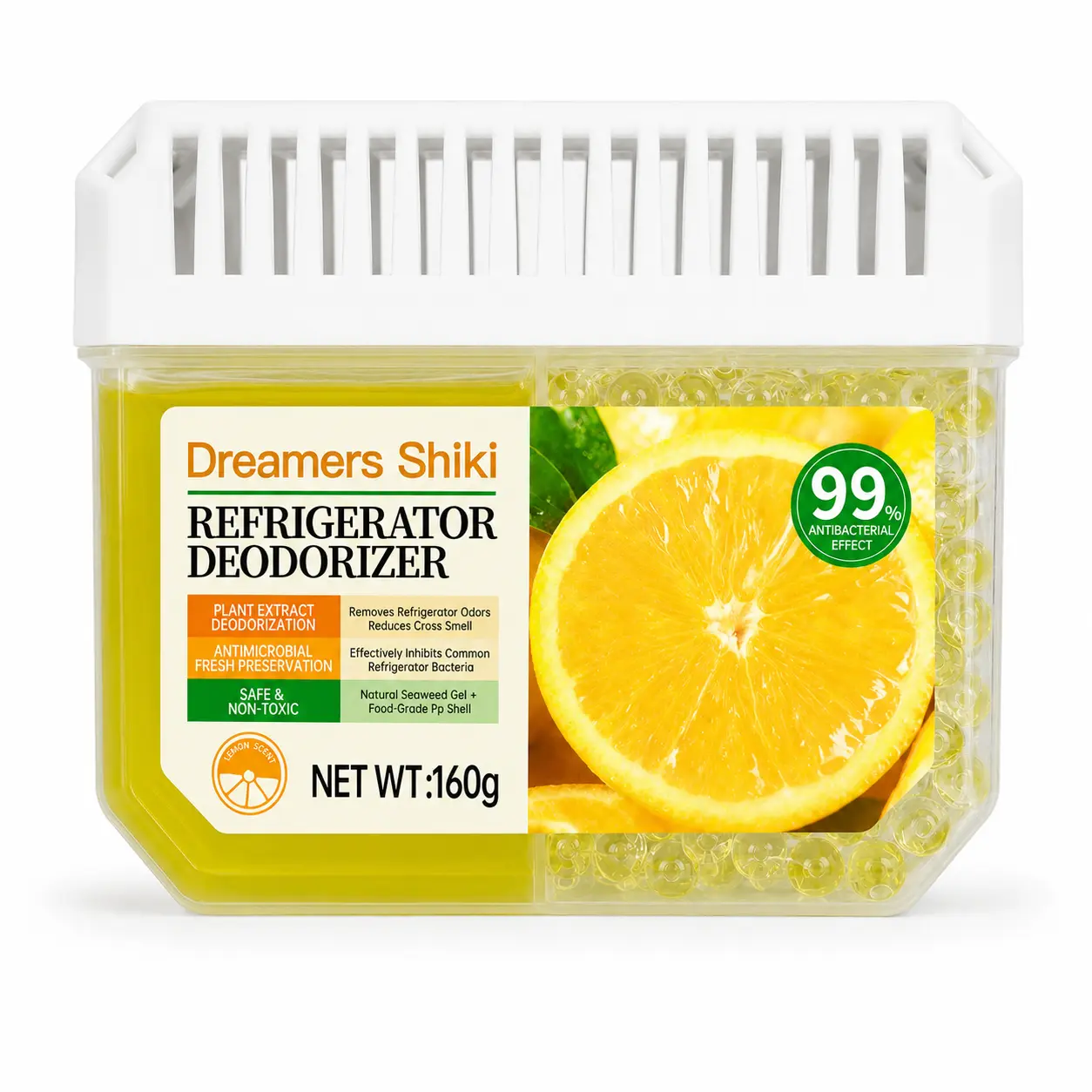 Dreamers Shiki Refrigerator Deodorizer - 1 Pack Lemon-Scented Gel & Beads Fridge Odor Absorber with Vented Cover, 160g, Compact Lightweight Home Fragrance with Long-Lasting Lemon Aroma