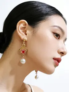 Vintage Enamel Blue Flower Pearl Pendant Earrings Retro Ditsy Floral Chain Necklace Four-Leaf Clover Party Jewelry Gift