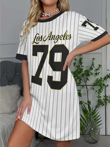 '79' Printed Striped Long T-Shirt, Color-Blocked Mid-Length Fitted Nightgown, Versatile Sleepwear and Loungewear for Both Outdoor And Home Use.