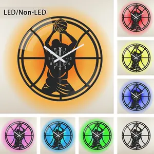 Handmade Vintage Vinyl Record Style LED Wall Clock, Featuring Basketball Player Silhouette, Round Tempered Glass Frame, Suitable for Various Home Décor and Gifts