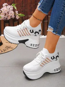 Women's Fashion Platform Sneakers - Knit Stripe Upper, Breathable & Hidden Wedge, Black/White for Daily & Commute, Petite-Friendly Gift